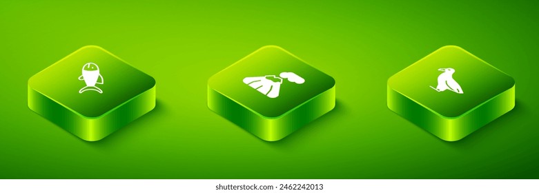Set Isometric Volcano, Albatross and Fish icon. Vector