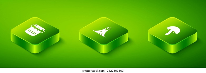 Set Isometric Volcano eruption, Mushroom and Hiking backpack icon. Vector