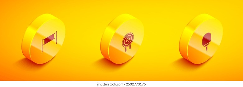 Set Isometric Volleyball net, Target sport and Racket for playing table tennis icon. Vector