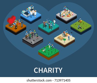 Set of isometric volunteer and charity organisations related compositions isolated vector illustration