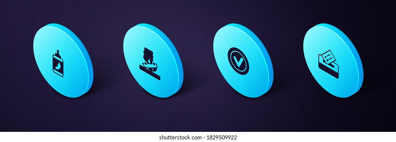 Set Isometric Vote box, Check mark in round, Burning car and Pepper spray icon. Vector.