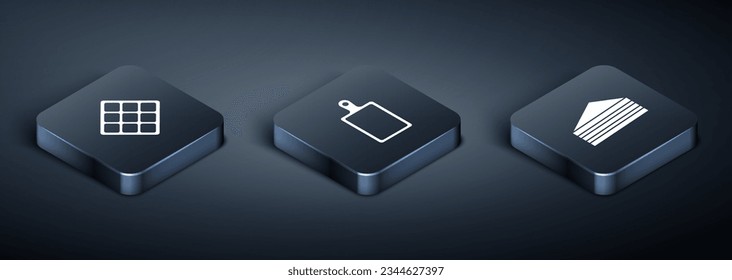 Set Isometric Waffle, Cake and Cutting board icon. Vector