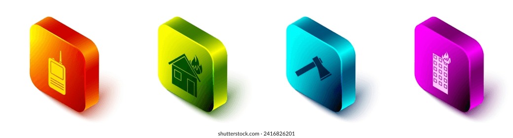 Set Isometric Walkie talkie, Fire in burning house, Firefighter axe and Fire in burning building icon. Vector