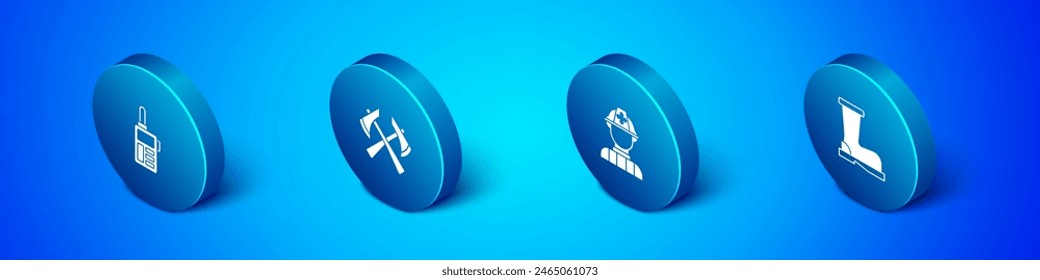 Set Isometric Walkie talkie, Firefighter, boots and axe icon. Vector