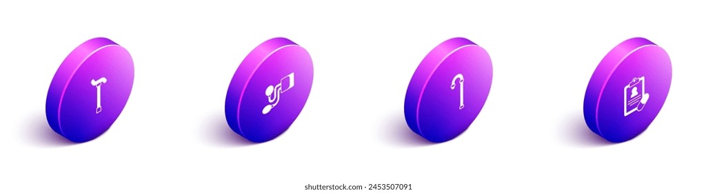 Establecer el bastón isométrico del bastón del bastón, la presión arterial, y el icono médico de la prescripción. Vector