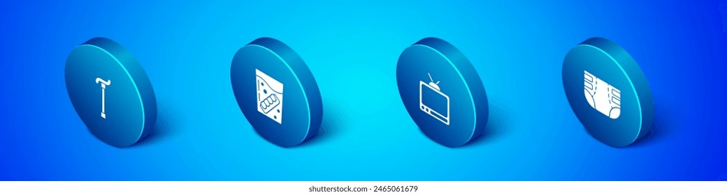 Set Isometric Walking stick cane, Retro tv, Adult diaper and False jaw glass icon. Vector