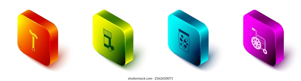 Set Isometric Walking stick cane, Medicine bottle and pills,  and Wheelchair icon. Vector
