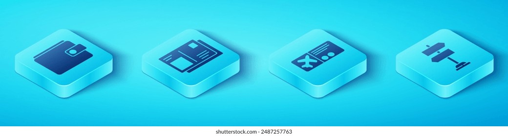 Set Isometric Wallet, Passport with visa stamp, Road traffic sign and Airline ticket icon. Vector