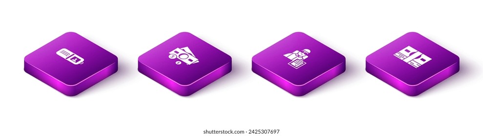 Set Isometric Wallet, Stacks paper money cash, Delivery man with cardboard boxes and  icon. Vector