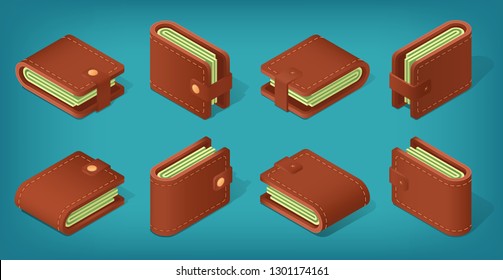 Set of isometric wallets from different angles. Brown leater pouch filled with money. Purse case for coins. banknotes, credit cards. 3D Isometric objects on a blue background. Eps10 vector