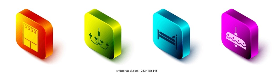 Set Isometrische Kleiderschrank, Kronleuchter, Bett und Kronleuchter Symbol. Vektorgrafik