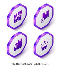 Set Isometric Warehouse with boxes, Gear package, Carton cardboard and  icon. Purple hexagon button. Vector