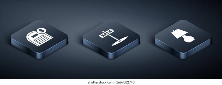 Set Isometric Warehouse with dollar symbol, Table lamp and  sign with text Sale icon. Vector