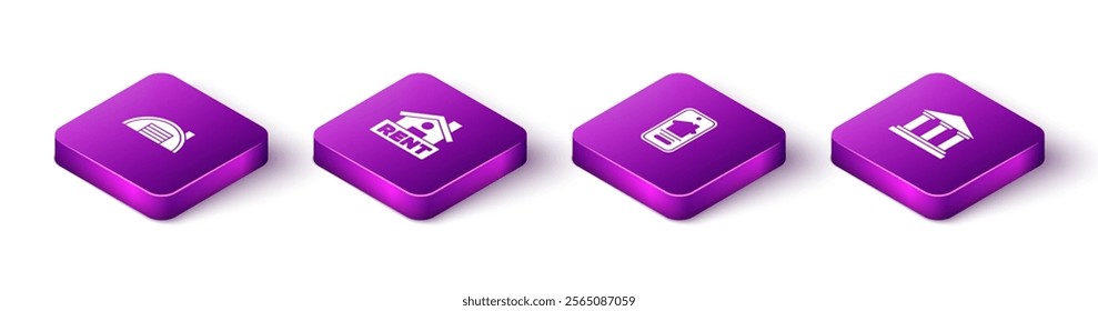 Set Isometric Warehouse, Hanging sign with Rent, Online real estate and Museum building icon. Vector