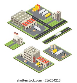 Set of isometric warehouse territories with factory and storage buildings transportation and road infrastructure isolated vector illustration   