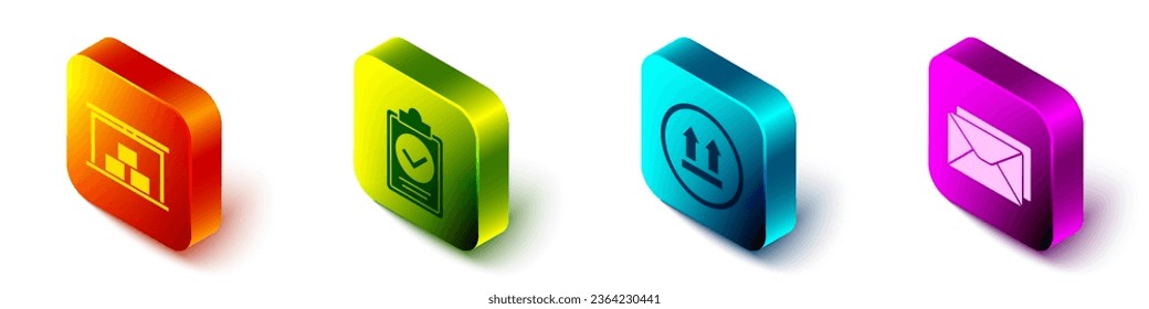 Set Isometric Warehouse, Verification of delivery list clipboard, This side up and Envelope icon. Vector