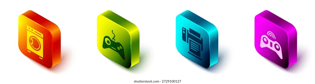 Set Isometric Washer, Gamepad, Printer and Wireless gamepad icon. Vector