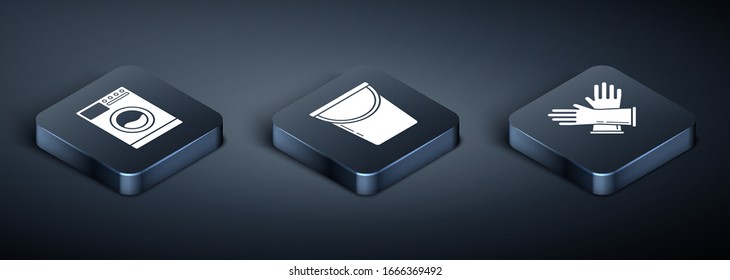 Set Isometric Washer , Rubber gloves  and Bucket  icon. Vector