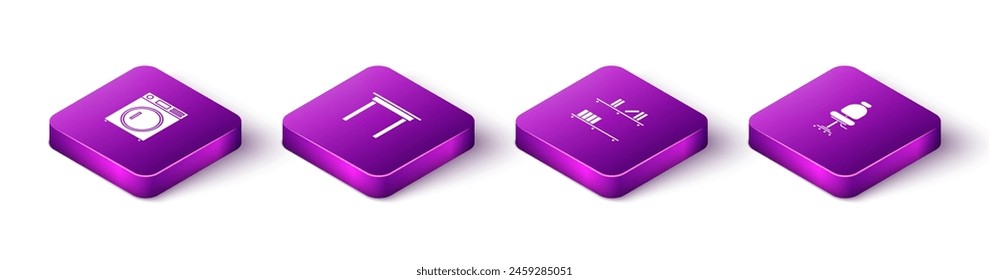 Set Lavadora Isométrica, Mesa de Madera, Estante con libros y Silla de Oficina icono. Vector