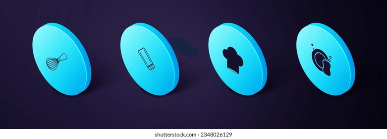 Ponga platos de lavado isométrico, sombrero de chef, icono de whisky de sal y pimienta y cocina. Vector