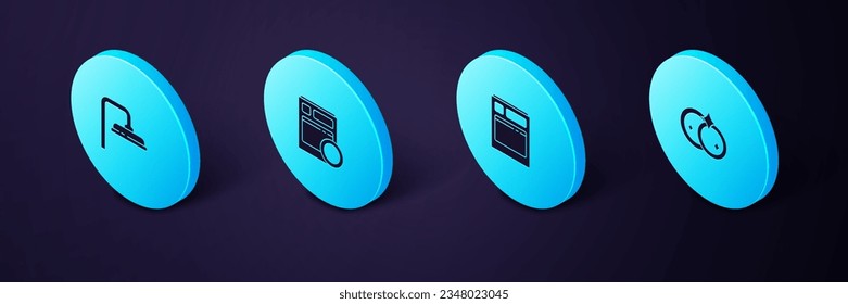 Set Isometric Washing platos, Kitchen lavavajillas y el icono de la cabeza de ducha. Vector