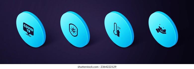 Coloque las manos de lavado isométrico con jabón, alta temperatura corporal humana, escudo protegido del virus y Corona en el icono de localización. Vector