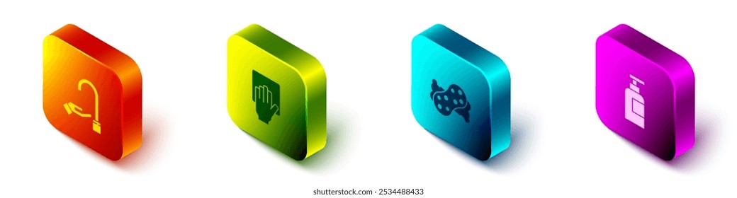Conjunto de manos de lavado isométrico con jabón, servicio de limpieza, esponja y botella de champú icono. Vector