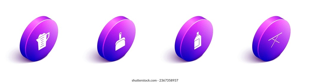 Set Isometric Washing powder, Dustpan, Bottle for cleaning agent and Ironing board icon. Vector
