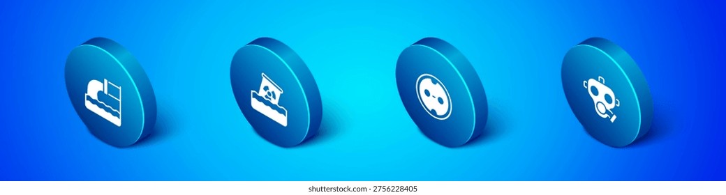 Set Isometric Wastewater, Electrical outlet, Gas mask and Radioactive waste in barrel icon. Vector