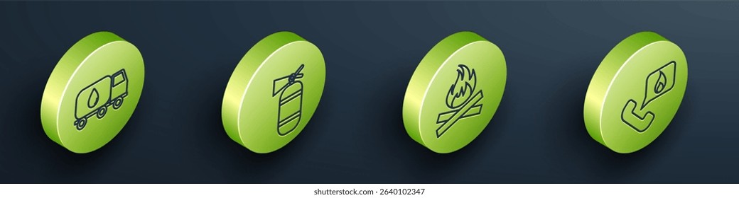 Set Isometric Water delivery truck, Fire extinguisher, Campfire and Telephone with emergency call 911 icon. Vector