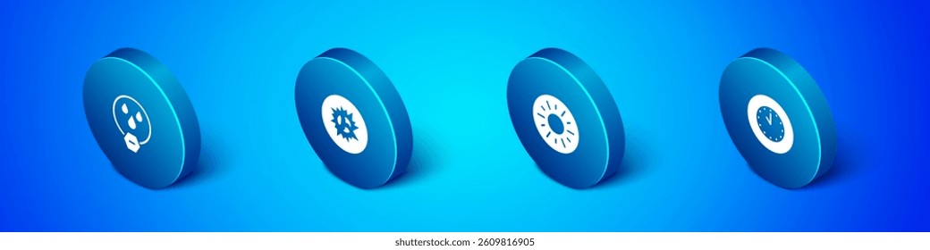 Set Isometric Water drop forbidden, Sun, Clock and Bomb explosion icon. Vector