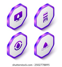 Set Isometric Water drop with location, cooler, Recycle clean aqua and  icon. Purple hexagon button. Vector