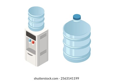 Set of isometric water tanks. Water cooler with cold and heat water valve. Office supply. Vector illustration isolated on white background.