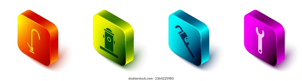 Set Isometric Water tap, Fire hydrant, Pipe adjustable wrench and Wrench spanner icon. Vector