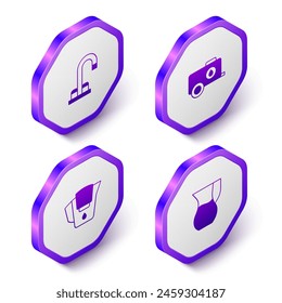 Set Isometric Water tap, Mobile water tank, jug with filter and Jug glass icon. Purple hexagon button. Vector