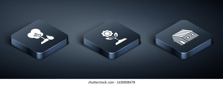 Set Isometric Watering Tree, Farm house and Flower icon. Vector