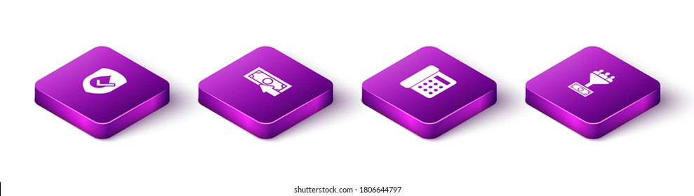 Set Isometric Waterproof, Cash back, Telephone and Lead management icon. Vector.