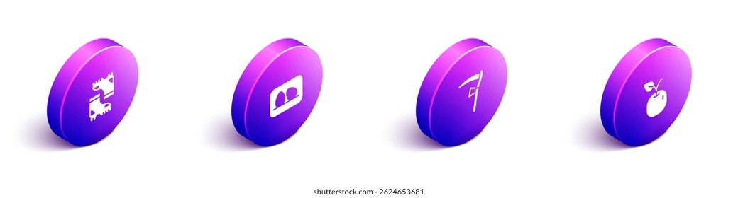 Set Isometric Waterproof rubber boot, Chicken egg, Scythe and Apple icon. Vector