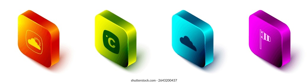Set Isometric Weather forecast, Celsius, Cloud and Cone windsock wind vane icon. Vector