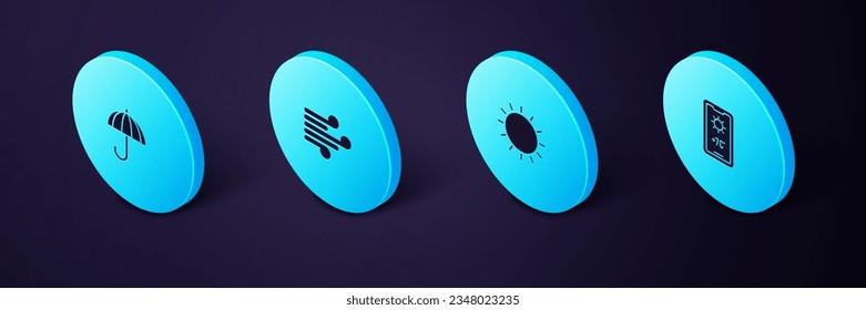 Set Isometric Weather forecast, Sun, Wind and Umbrella icon. Vector