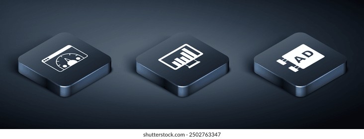 Set Isometric Website statistic, Advertising and Monitor with graph chart icon. Vector