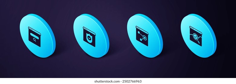 Set Isometric Website with stocks market, Browser window, shield and Search engine icon. Vector