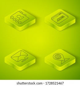Set Isometric Website template, Envelope, Location and mail and e-mail and Address book icon. Vector