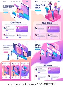 Set Isometric Website Template Landing page concept testing device, feedback, ux design, join our team.