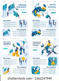 Set Isometric Website Template Landing page app digital marketing, investing, create solutions, creating projects