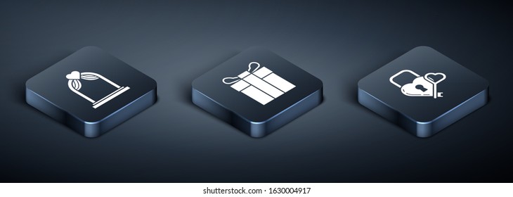 Set Isometric Wedding arch, Castle in the shape of a heart and key and Gift box icon. Vector
