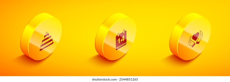 Set Isometric Wedding cake, Calendar with February 14 and Heart hand icon. Vector