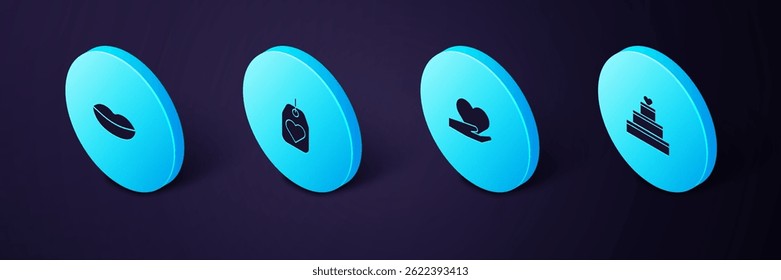 Set Isometric Wedding cake with heart, Heart hand, tag and Smiling lips icon. Vector