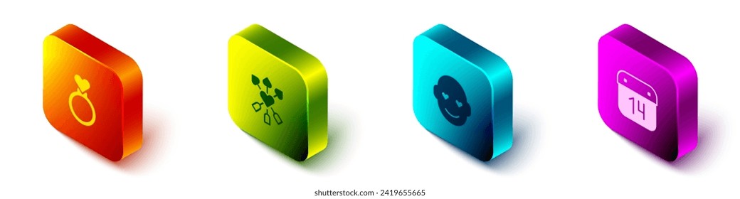 Set Isometric Wedding rings, Amour with heart and arrow, Romantic man and Calendar February 14 icon. Vector