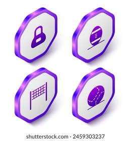Set Isometric Weight, American Football ball, Volleyball net and Baseball icon. Purple hexagon button. Vector